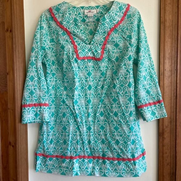VINEYARD VINES Tunic Dress Geo Torquoise Print Coral Trim V Neck Long Sleeve S - Picture 6 of 17